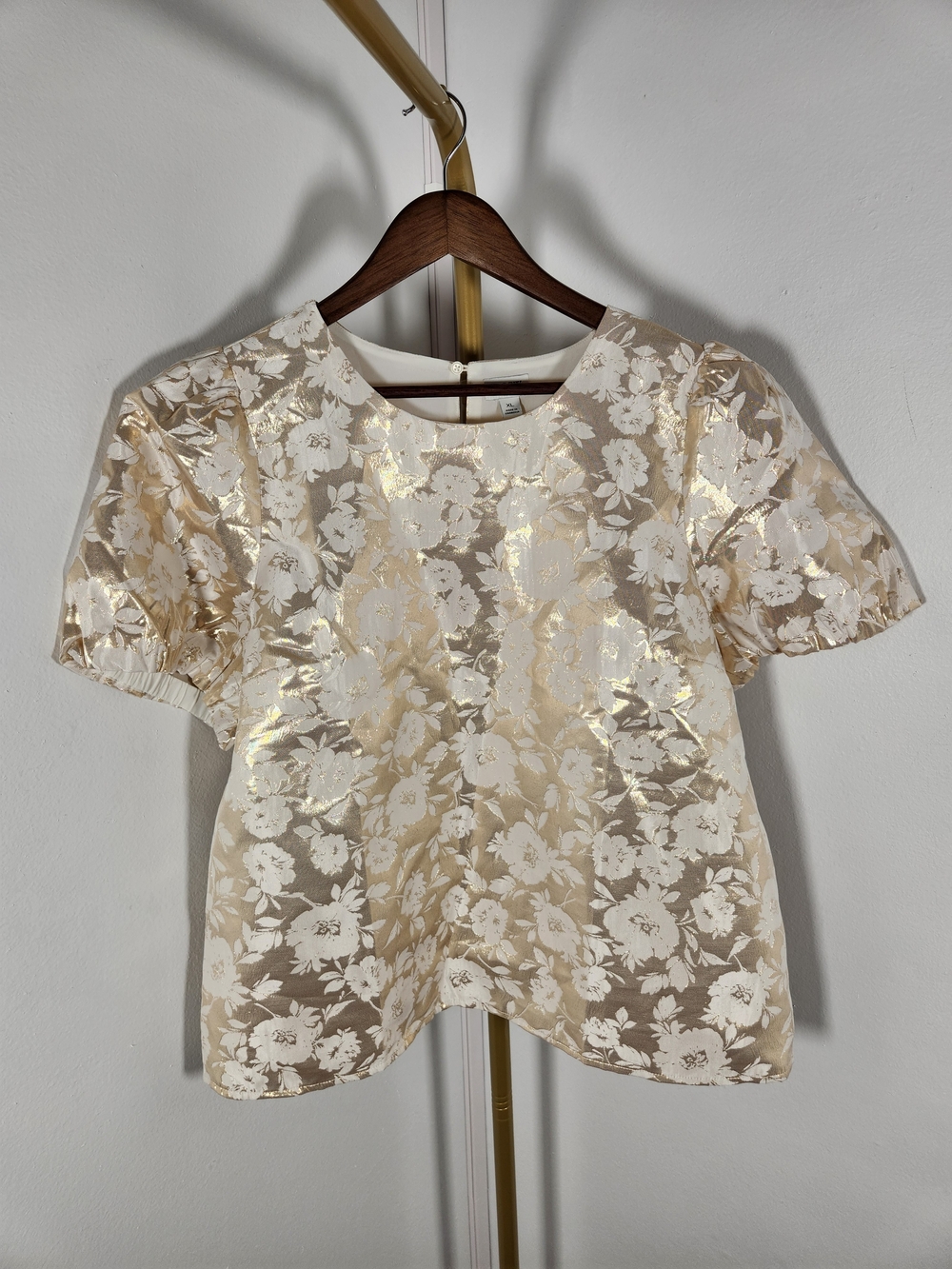 J. Crew Gold and Cream Floral Short-Sleeve Blouse